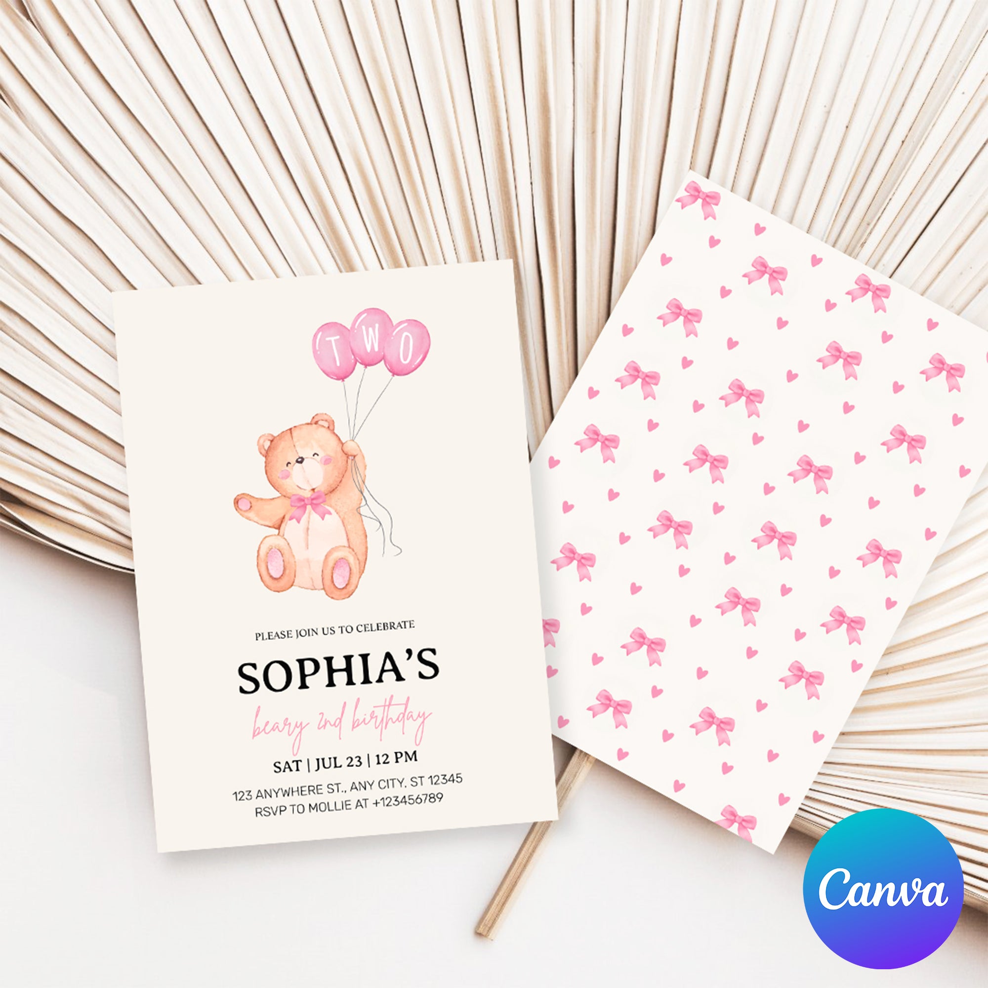 Beary Pink Balloon 2nd Birthday Teddy Invitation – Editable Canva Template