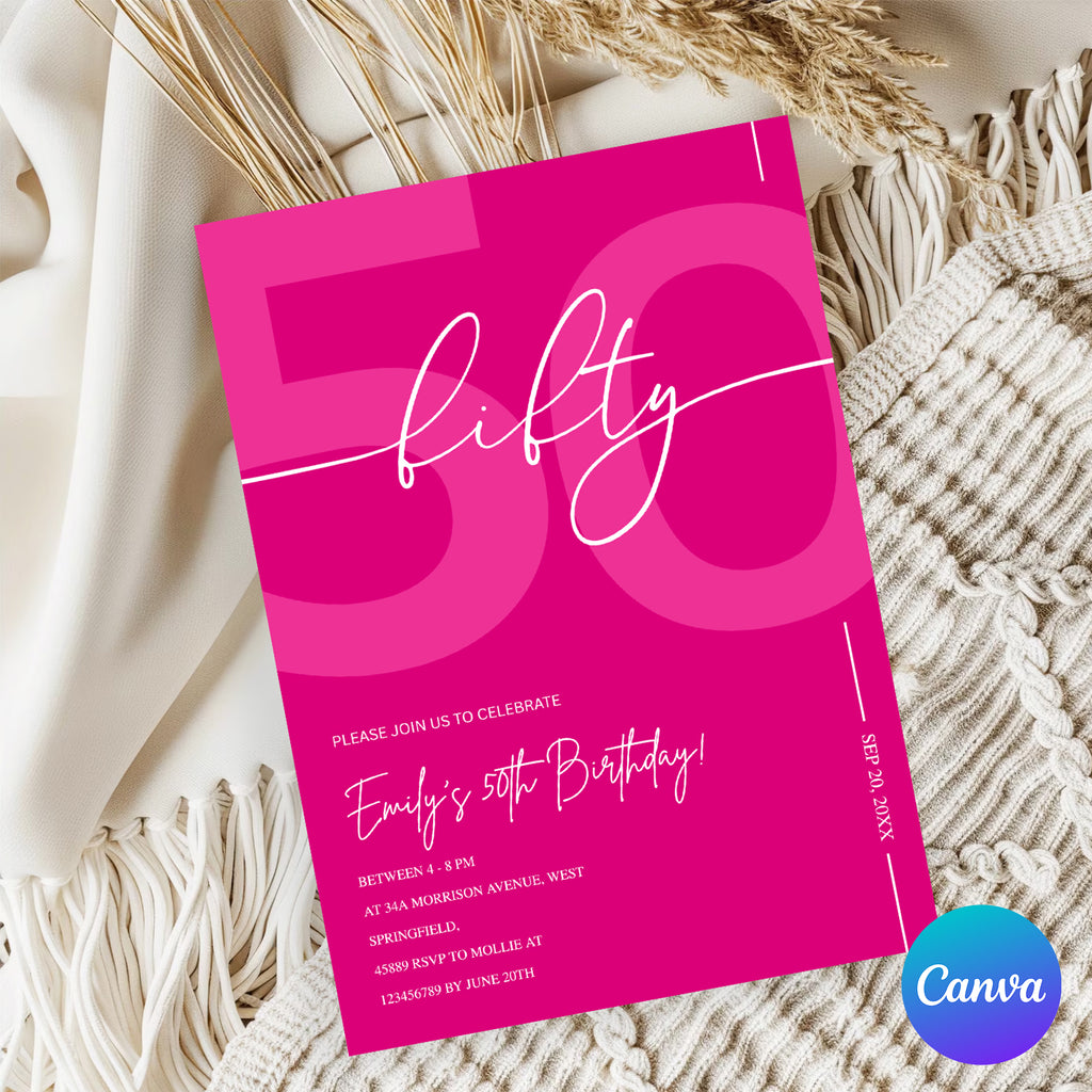 Modern Pink 50th Birthday Invitation | Minimalist Editable Canva Template