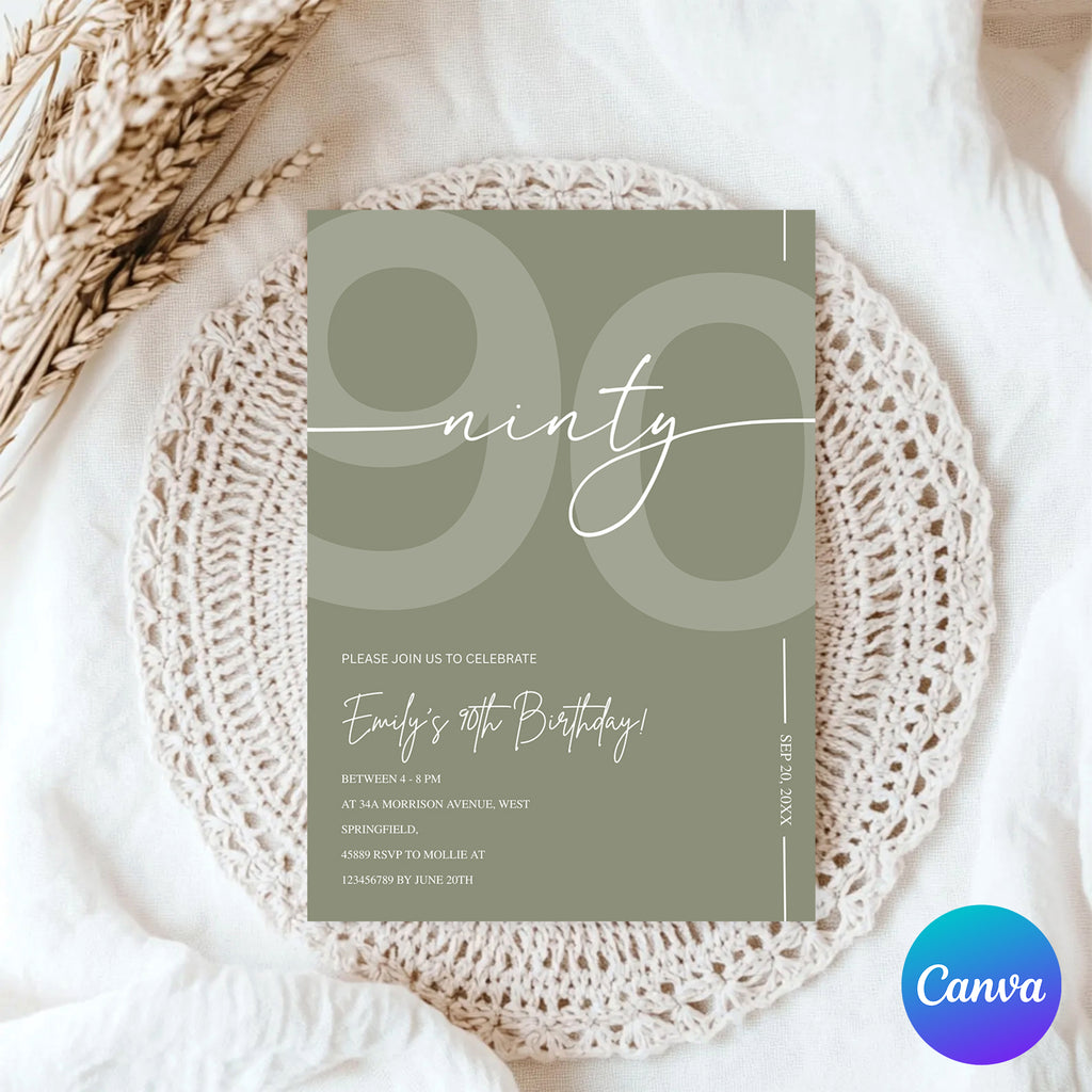 Elegant Sage Green 90th Birthday Invitation Template | Minimalist Ninety Milestone Party Invite | Editable & Instant Download