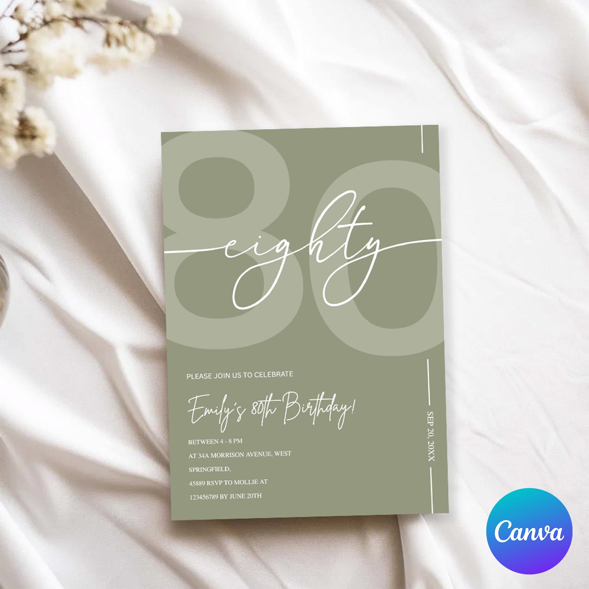 Elegant Sage Green 80th Birthday Invitation Template | Minimalist Eighty Milestone Party Invite | Editable & Instant Download