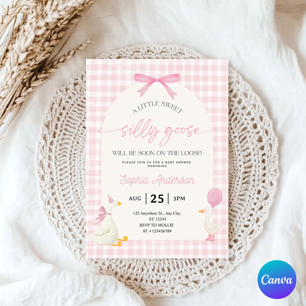 Editable Silly Goose Baby Shower Invitation | Pink Bow Gingham Canva Template – Instant Download