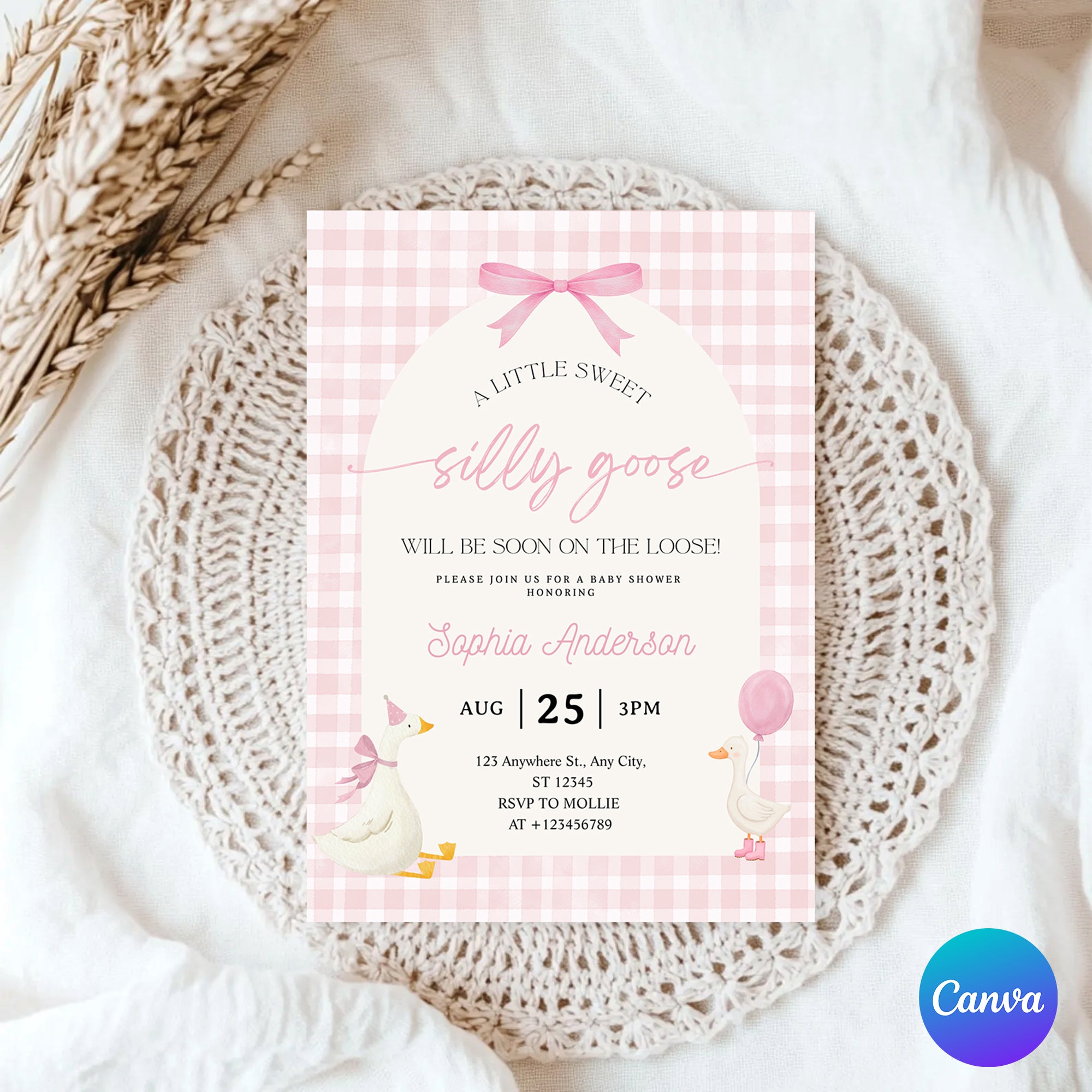 Editable Silly Goose Baby Shower Invitation | Pink Bow Gingham Canva Template – Instant Download