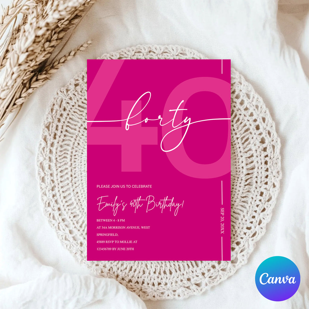 Modern Pink 40th Birthday Invitation | Minimalist Editable Canva Template