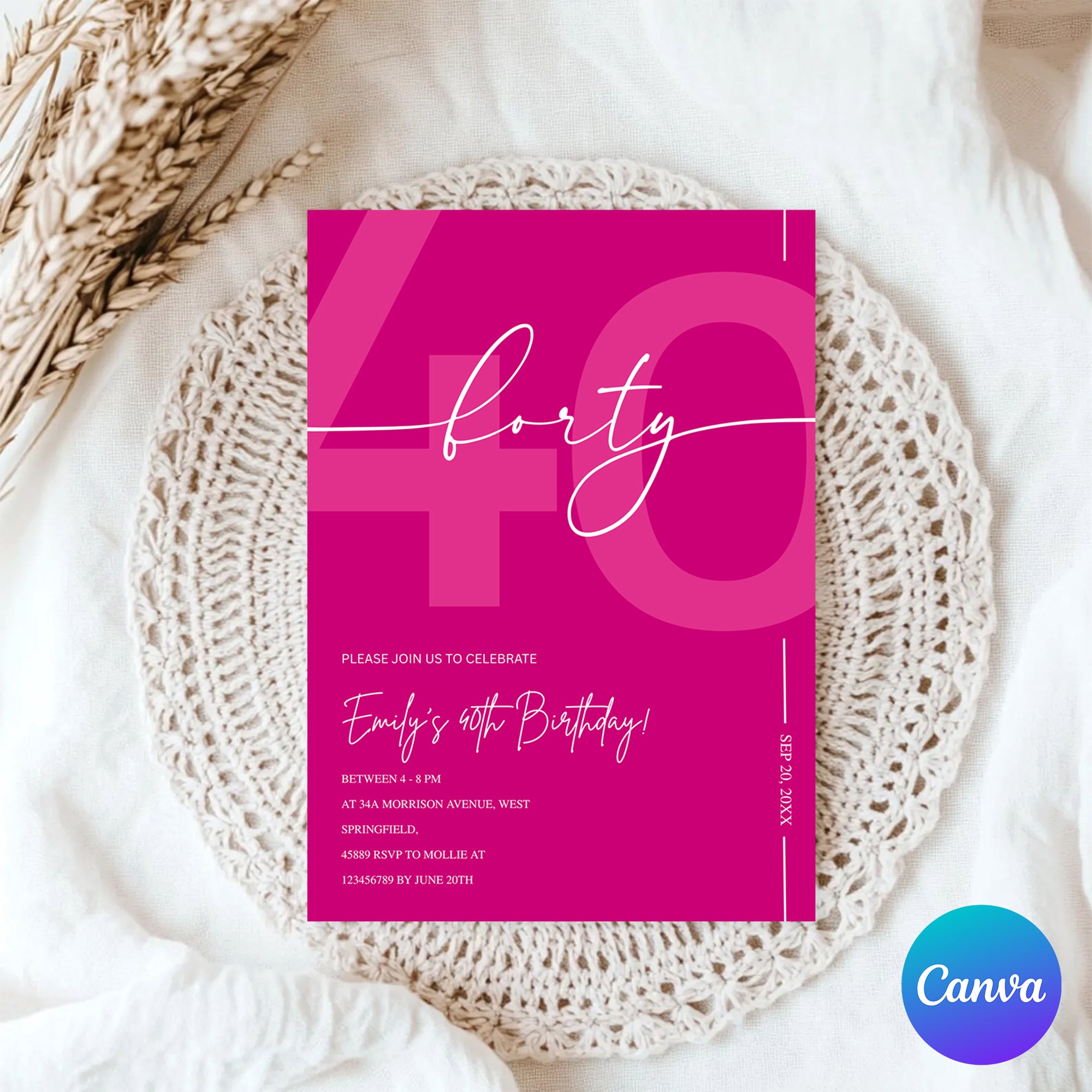 Modern Pink 40th Birthday Invitation | Minimalist Editable Canva Template