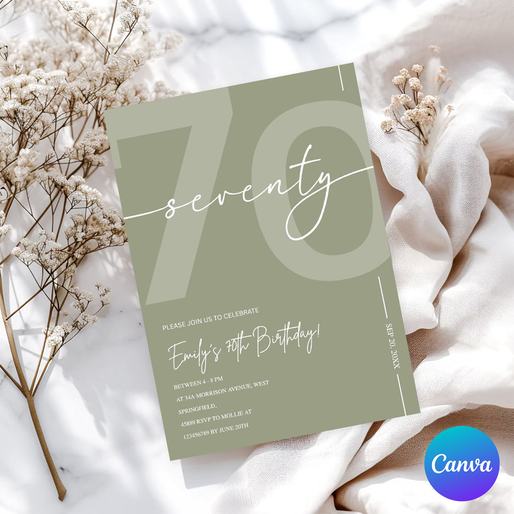 Elegant Sage Green 70th Birthday Invitation Template | Minimalist Seventy Milestone Party Invite | Editable & Instant Download