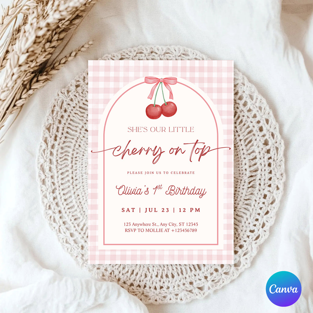 Editable “Cherry on Top” 1st Birthday Invitation | Gingham First Birthday Canva Template – Instant Download