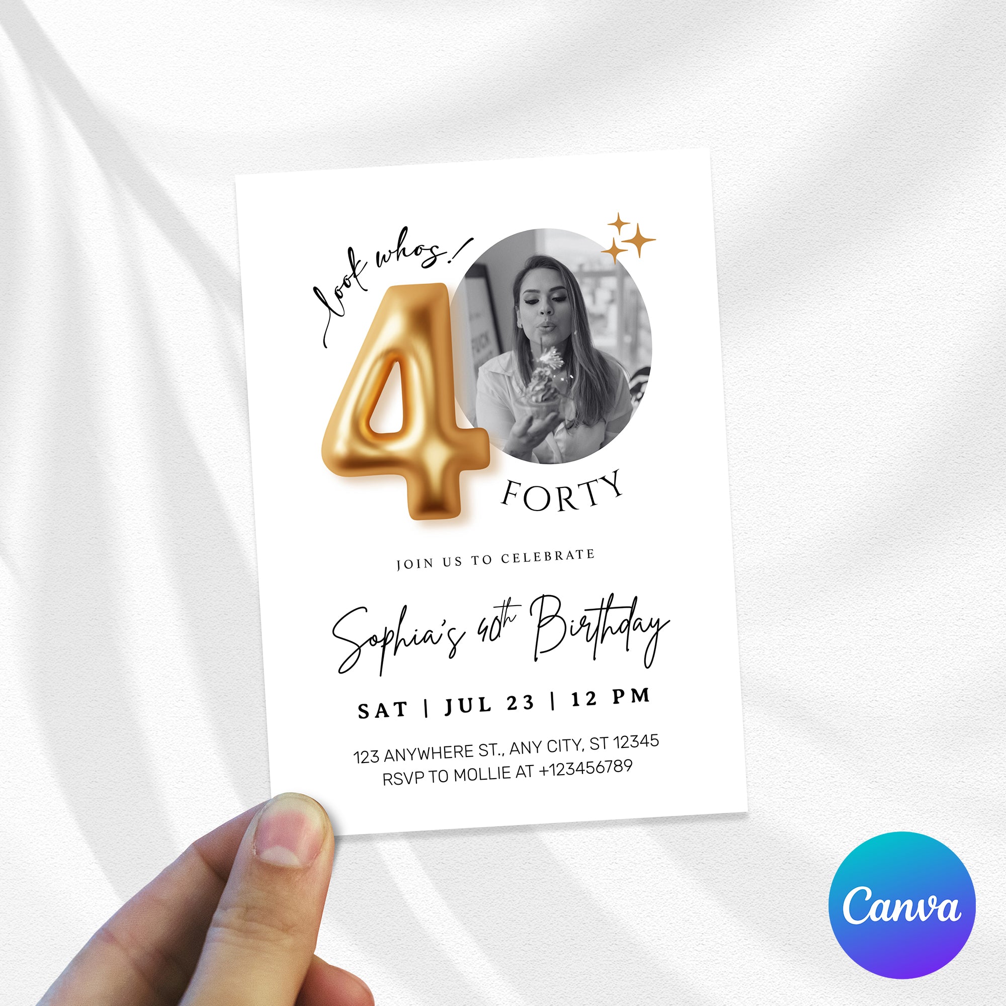 Modern Minimalist 40th Birthday Gold Balloon Photo Invitation Template | Elegant Milestone Party Invite | Editable & Instant Download