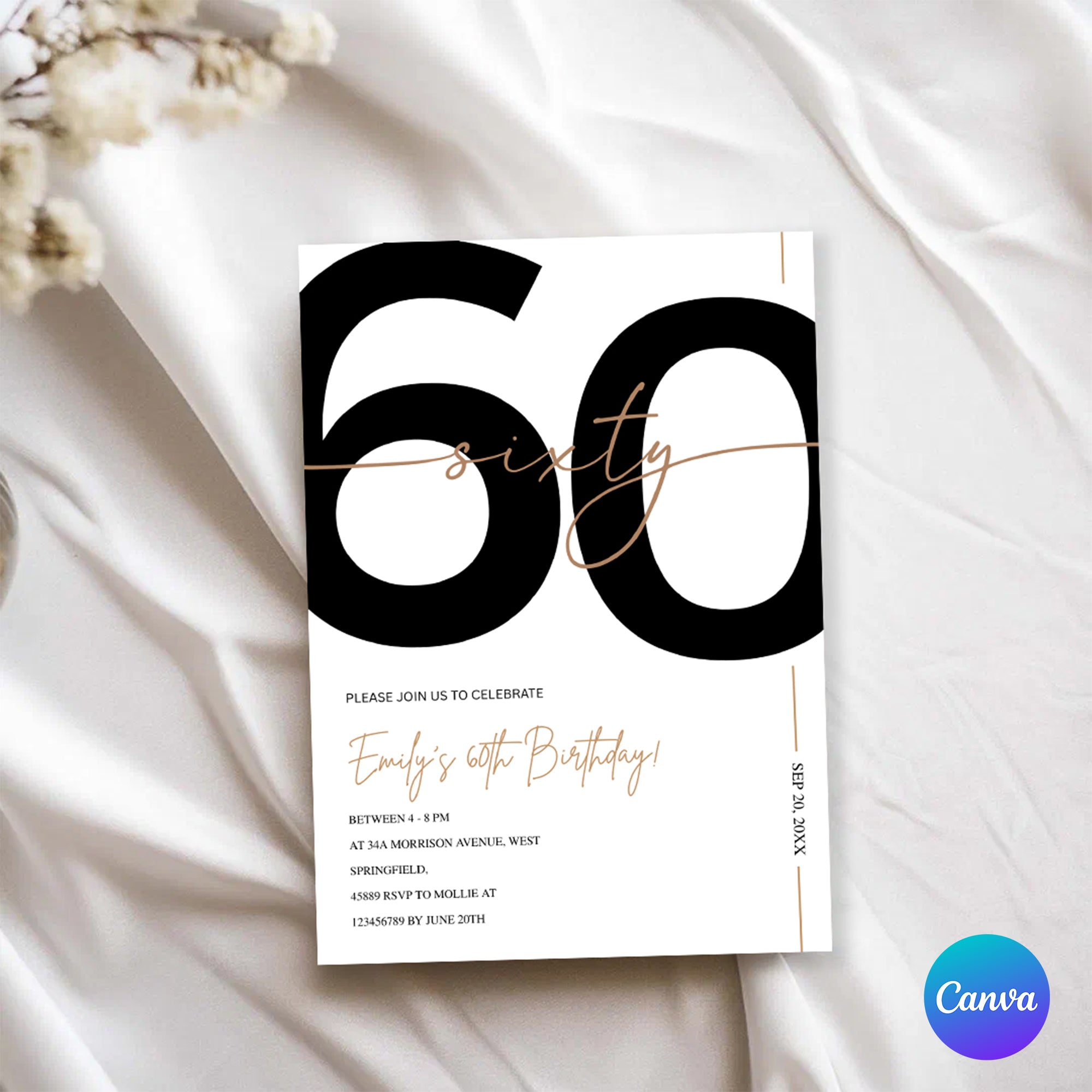 Modern Minimalist White & Gold 60th Birthday Party Invitation – Editable Canva Template