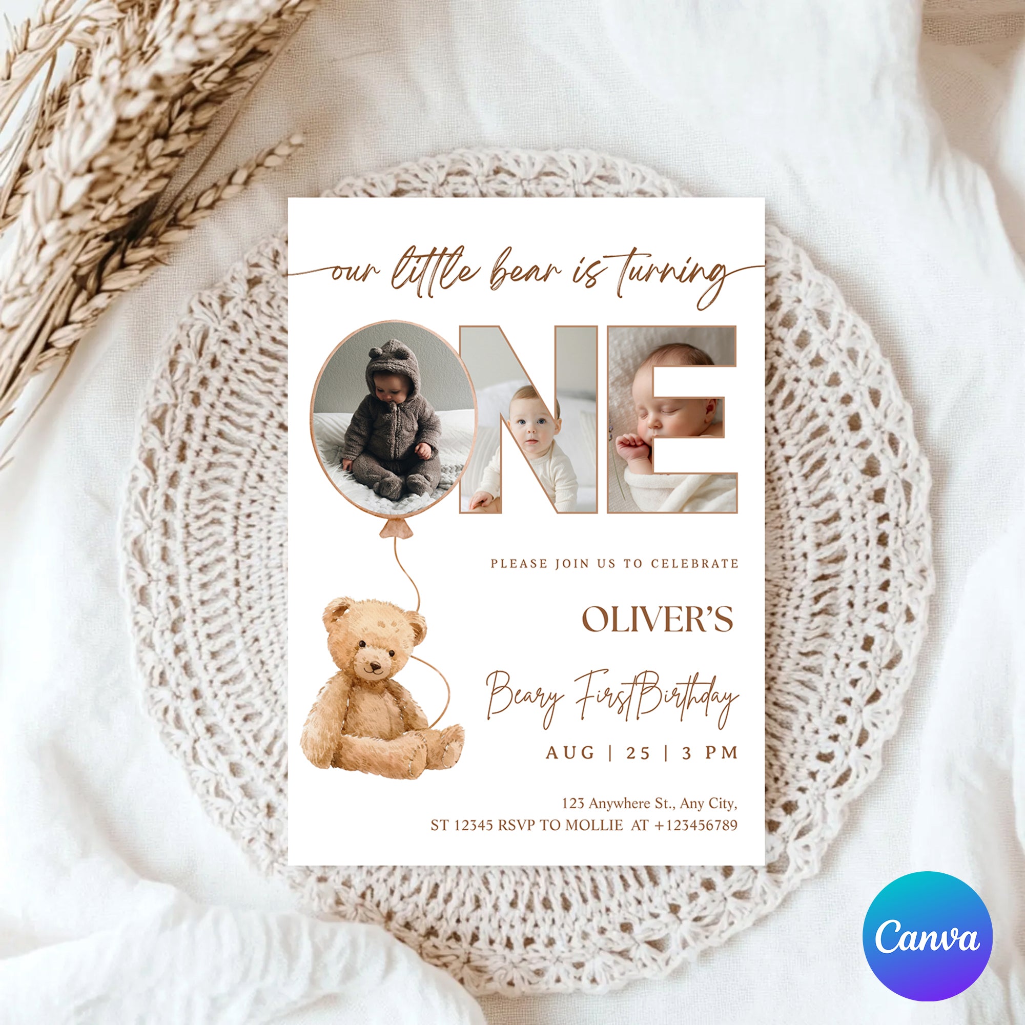 Editable Beary First Birthday Photo Invitation | Teddy Bear 1st Birthday Canva Template – Instant Download