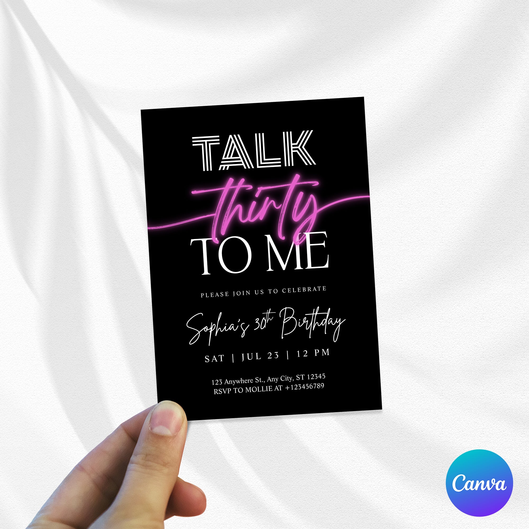 Talk 30 To Me 30th Birthday Invitation Template | Pink Neon Thirty Party Invite | Editable & Instant Download
