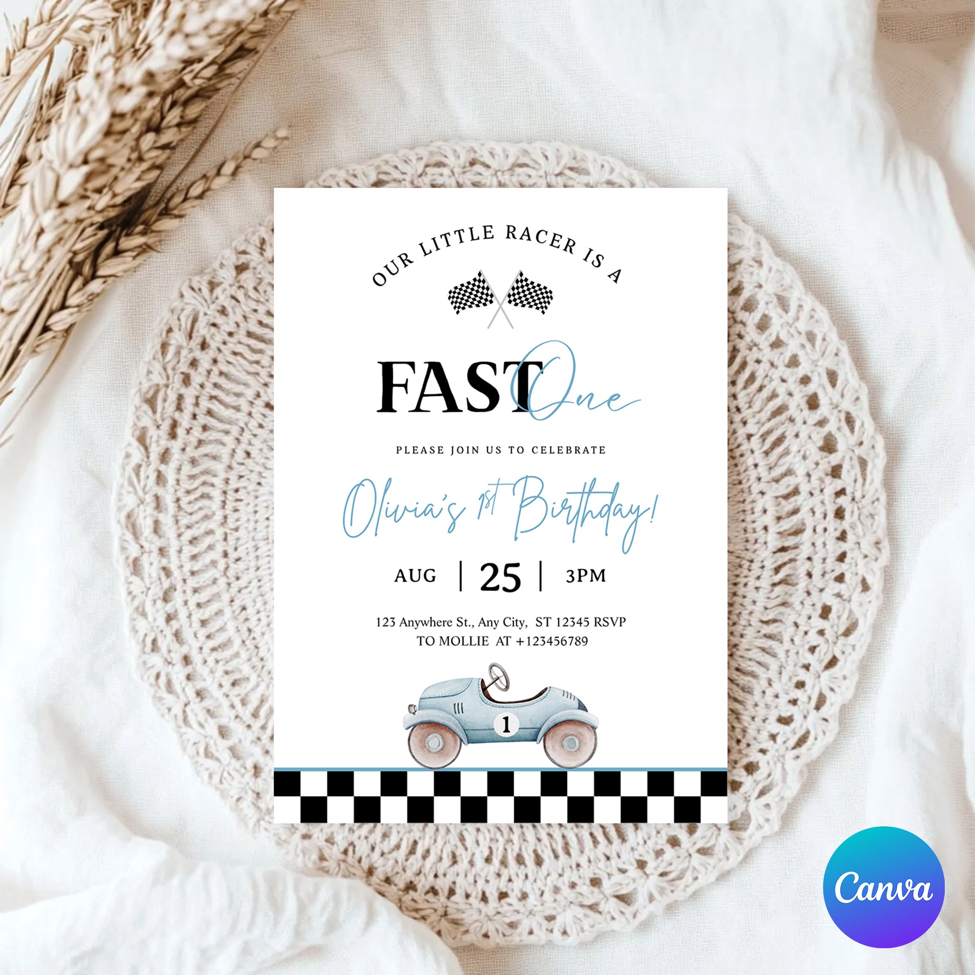 Editable “Fast ONE” Race Car 1st Birthday Invitation | Blue Vintage Car Canva Template – Instant Download