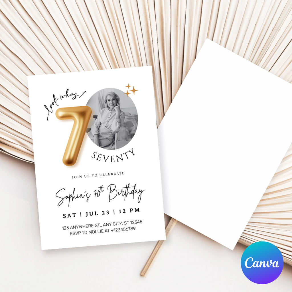 Modern Minimalist 70th Birthday Gold Balloon Photo Invitation Template | Elegant Milestone Party Invite | Editable & Instant Download