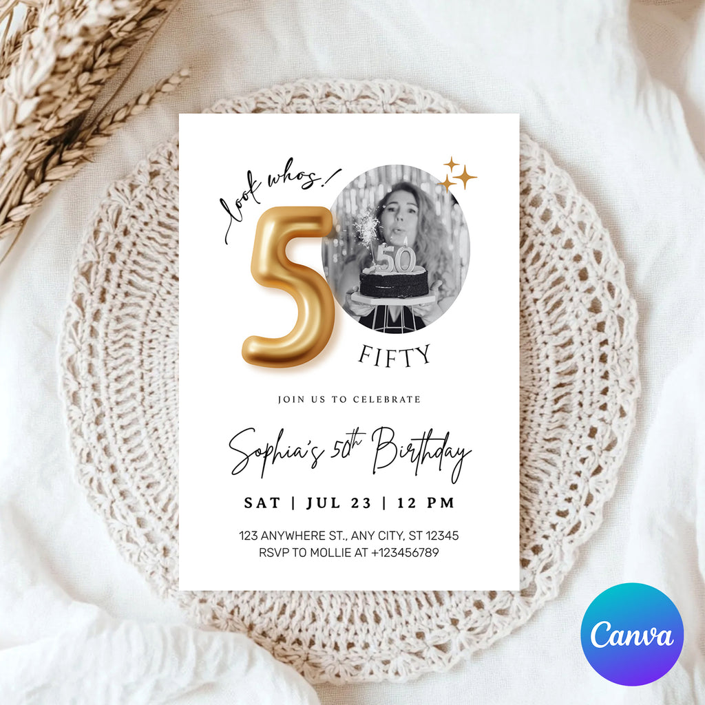 Modern Minimalist 50th Birthday Gold Balloon Photo Invitation Template | Elegant Milestone Party Invite | Editable & Instant Download
