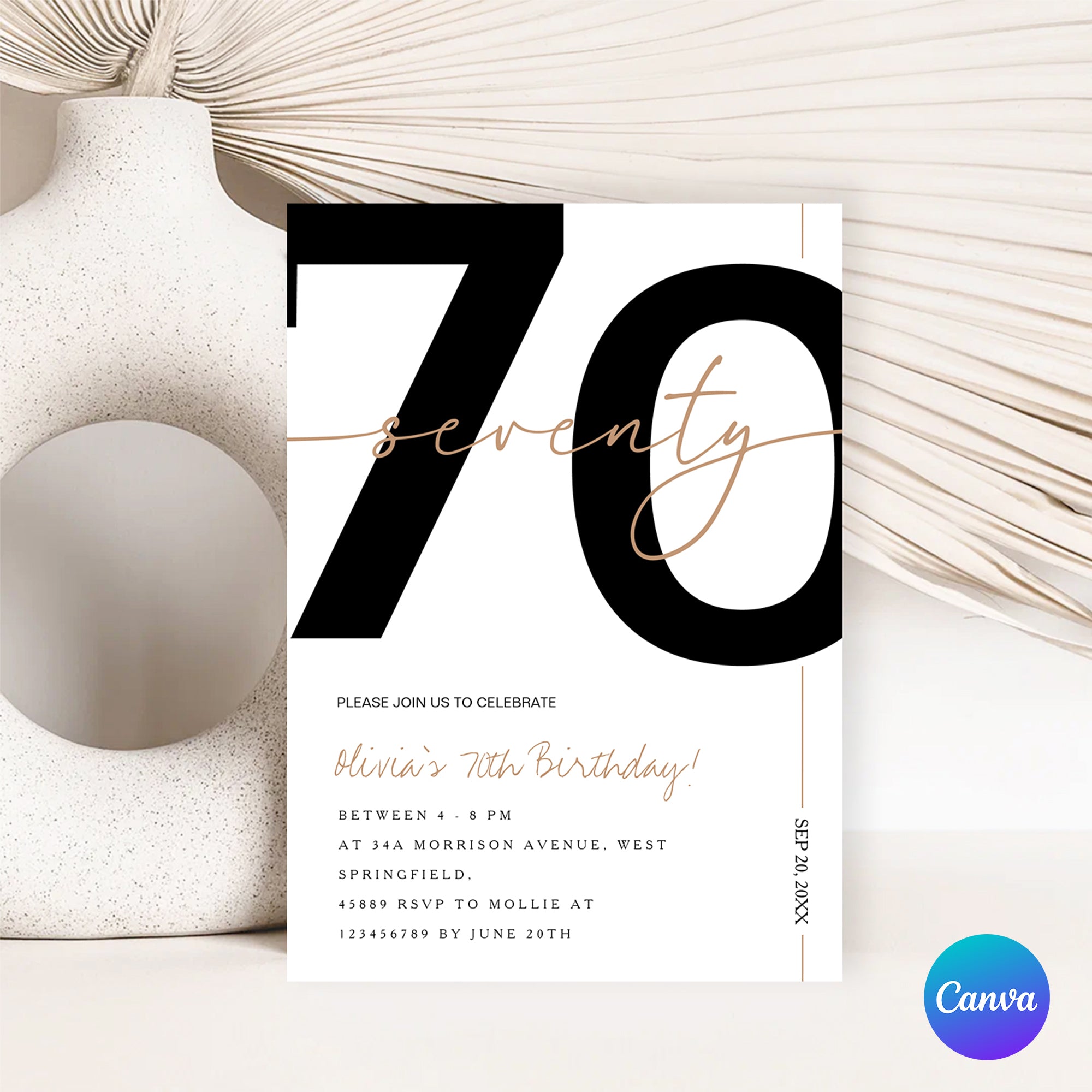 Modern Minimalist White & Gold 70th Birthday Party Invitation – Editable Canva Template