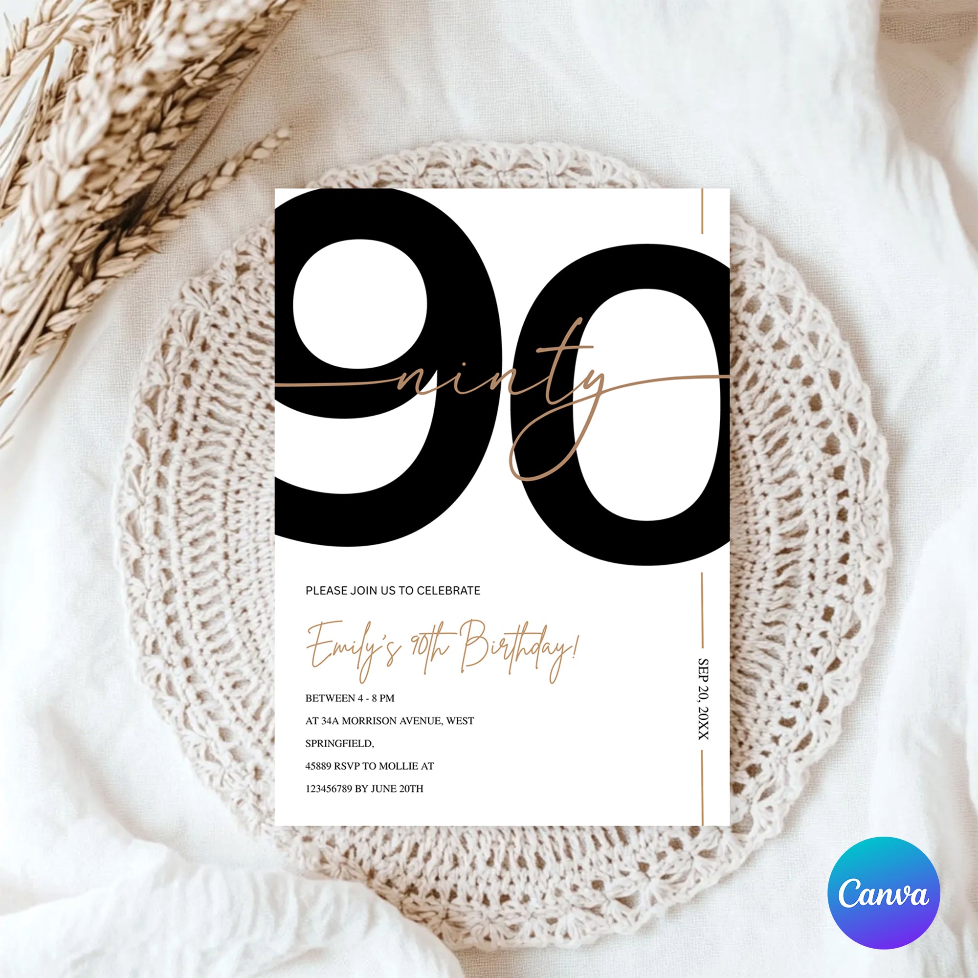 Modern Minimalist White & Gold 90th Birthday Party Invitation – Editable Canva Template