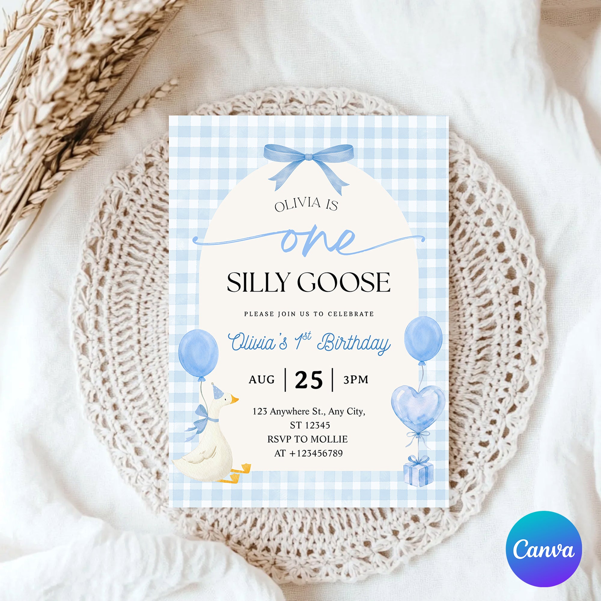 Editable One Silly Goose 1st Birthday Invitation | Blue Bow Gingham Canva Template – Instant Download