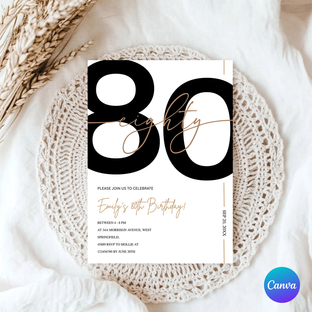 Modern Minimalist White & Gold 80th Birthday Party Invitation – Editable Canva Template