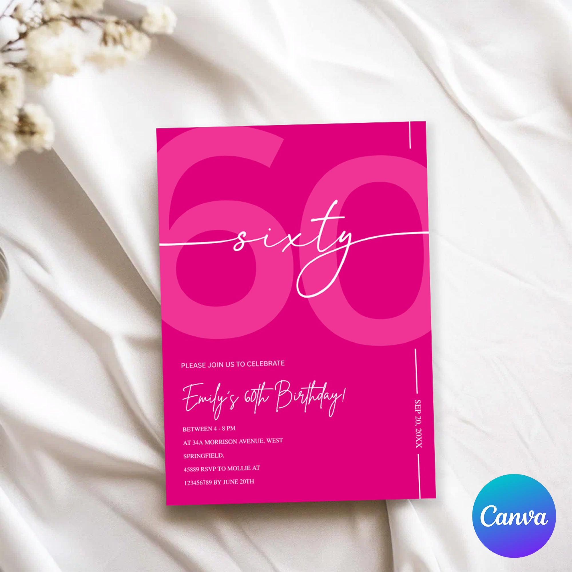 Modern Pink 60th Birthday Invitation | Minimalist Editable Canva Template