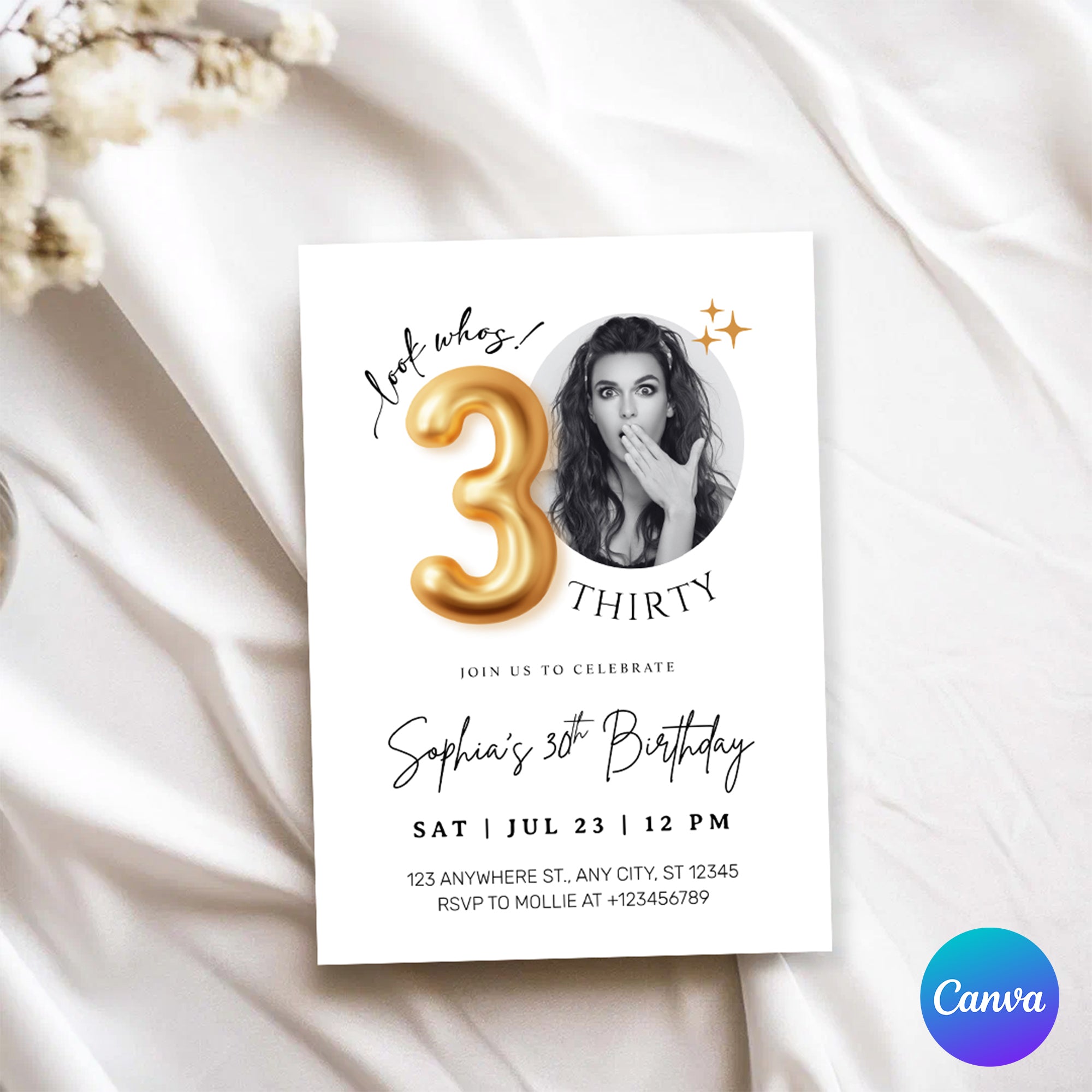 Modern Minimalist 30th Birthday Gold Balloon Photo Invitation Template | Elegant Milestone Party Invite | Editable & Instant Download