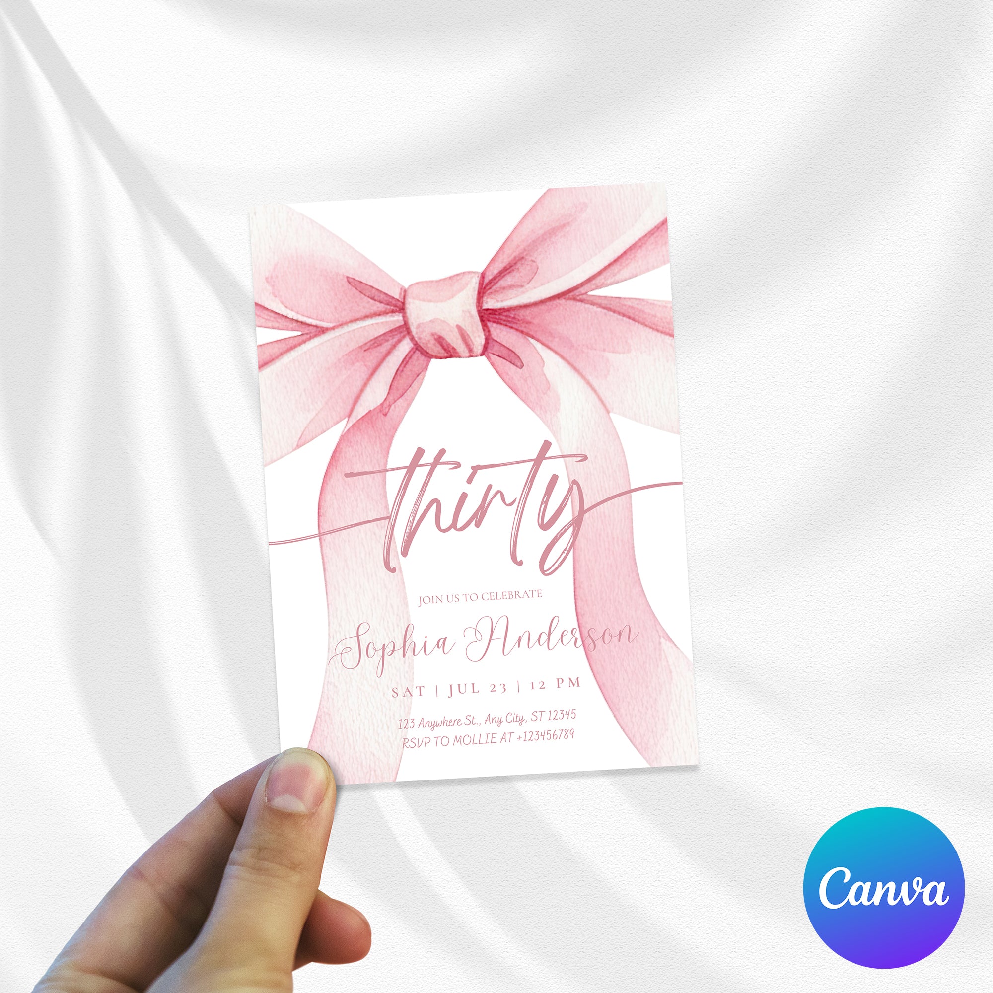 Blush Pink Bow 30 Invitation Template | Editable 30th Birthday Party Invite | Canva Instant Download
