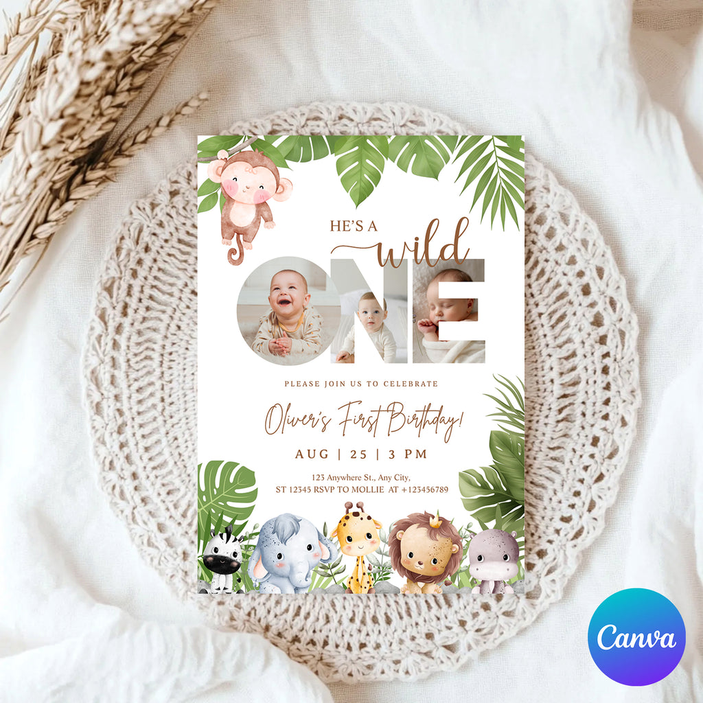 Editable Wild One Jungle 1st Birthday Photo Invitation | Safari Baby Canva Template – Instant Download