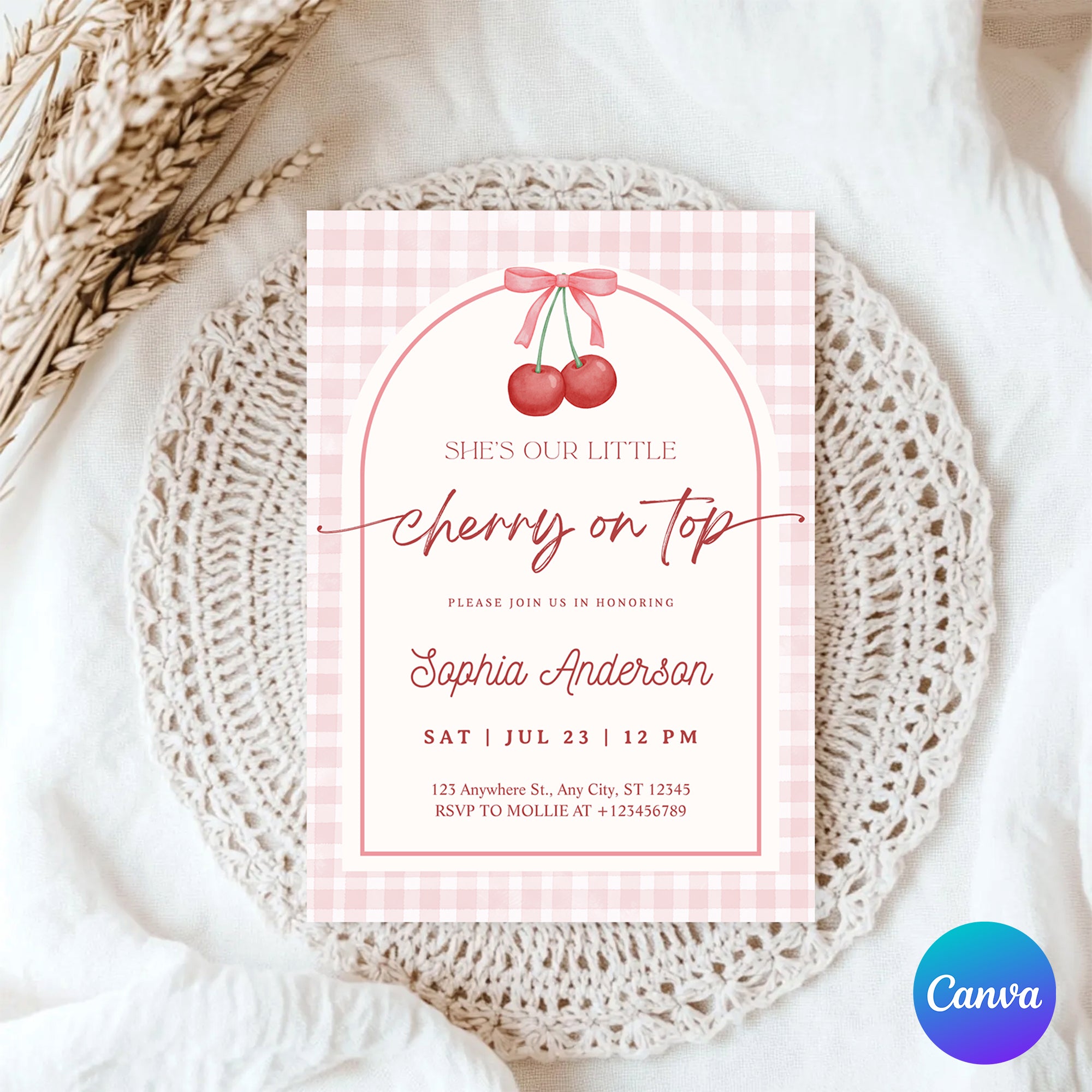 Editable She is the Cherry on Top Baby Shower Invitation | Gingham Cherry Canva Template – Instant Download
