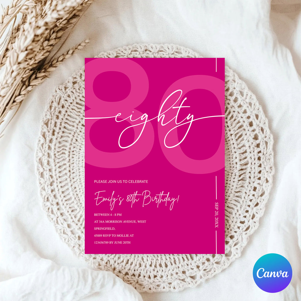 Modern Pink 80th Birthday Invitation | Minimalist Editable Canva Template