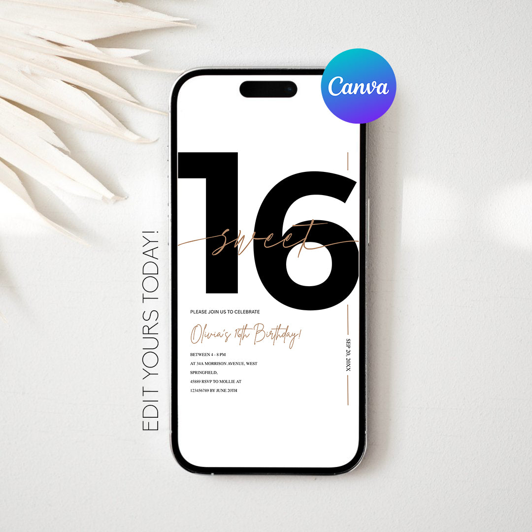 Modern White & Gold Sweet 16th Birthday Invitation – Editable Canva Template
