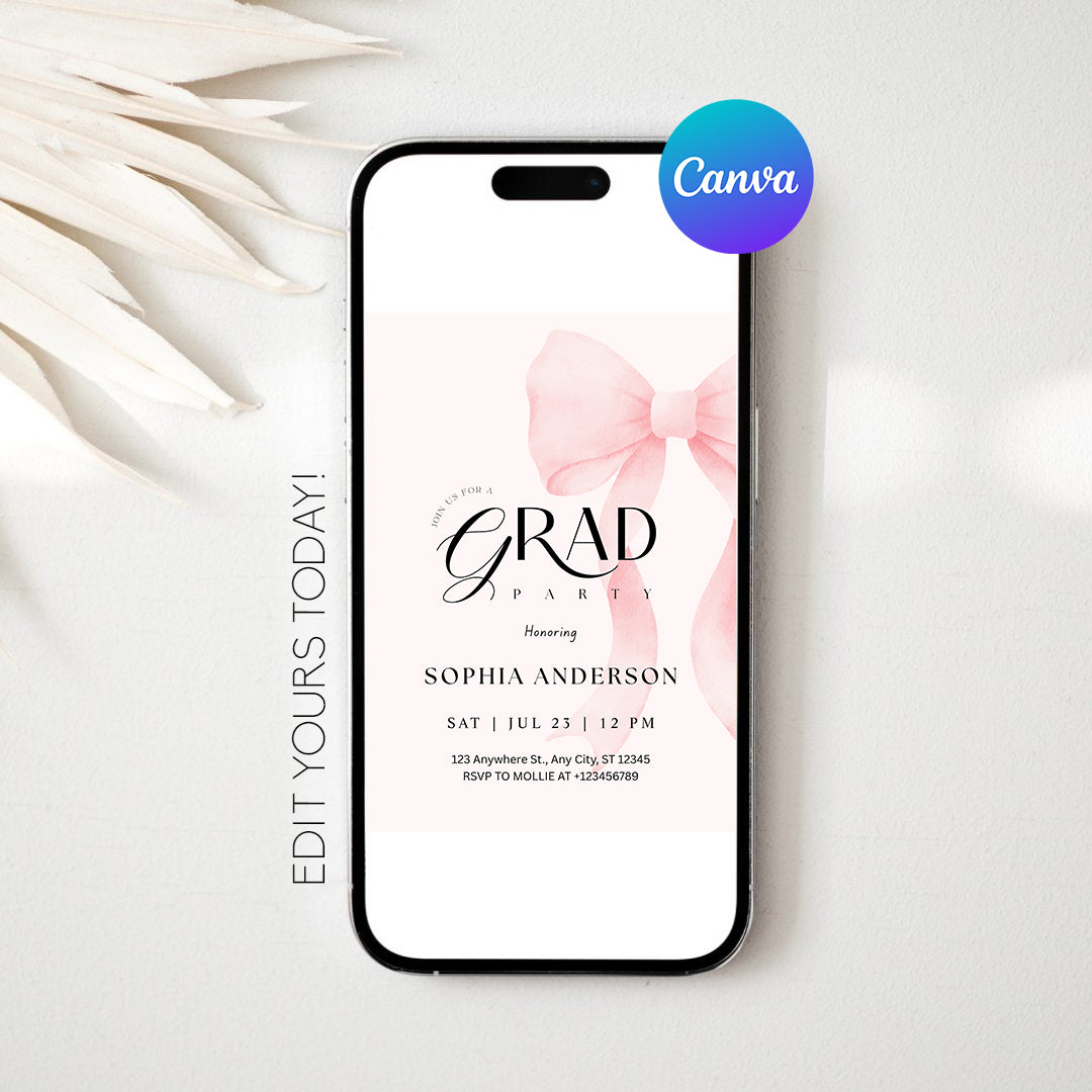 Elegant Blush Pink Bow Graduation Invitation with Photo | Editable Graduation Party Invite