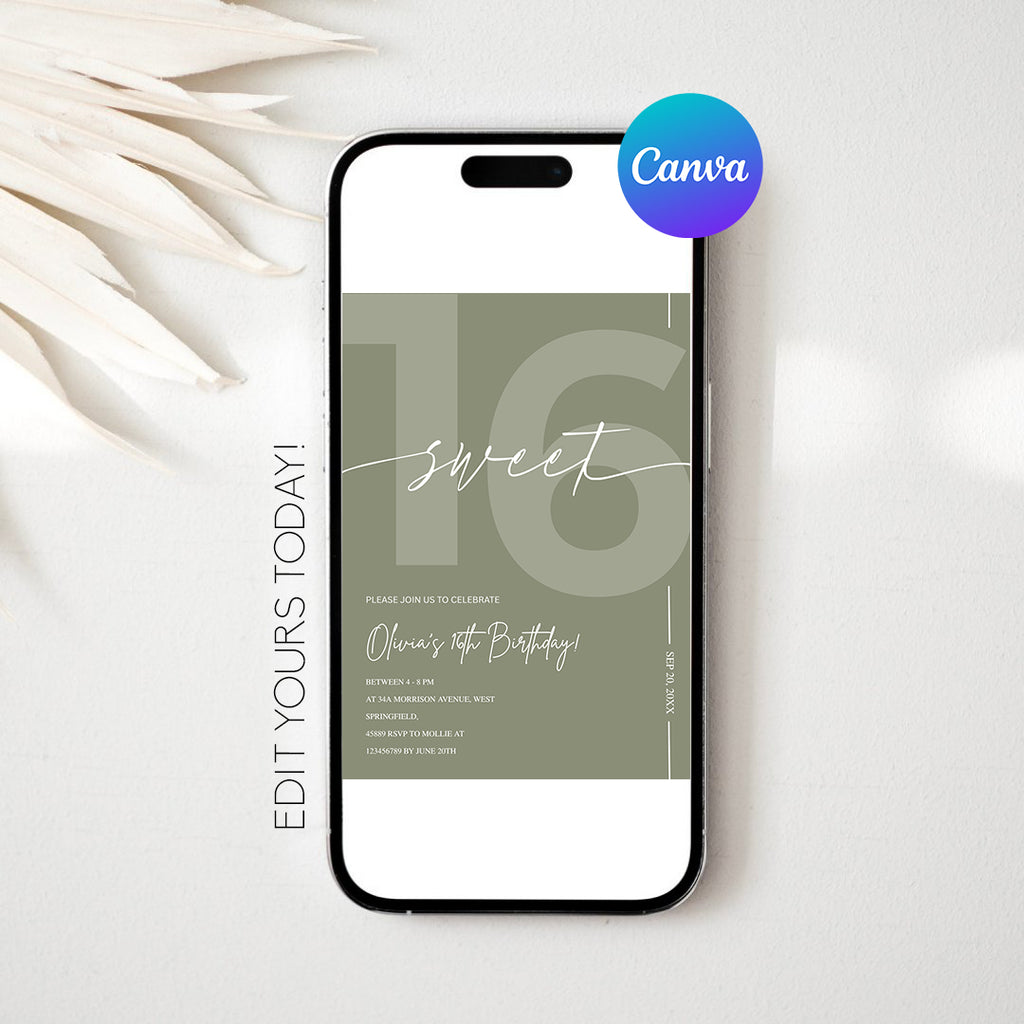 Modern Sage Green Sweet 16th Birthday Invitation – Editable Canva Template