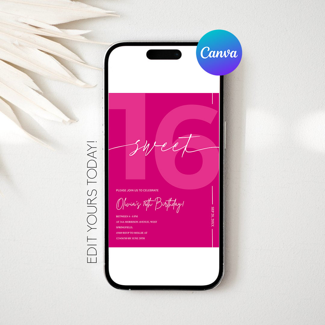 Modern Pink Sweet 16th Birthday Invitation – Editable Canva Template