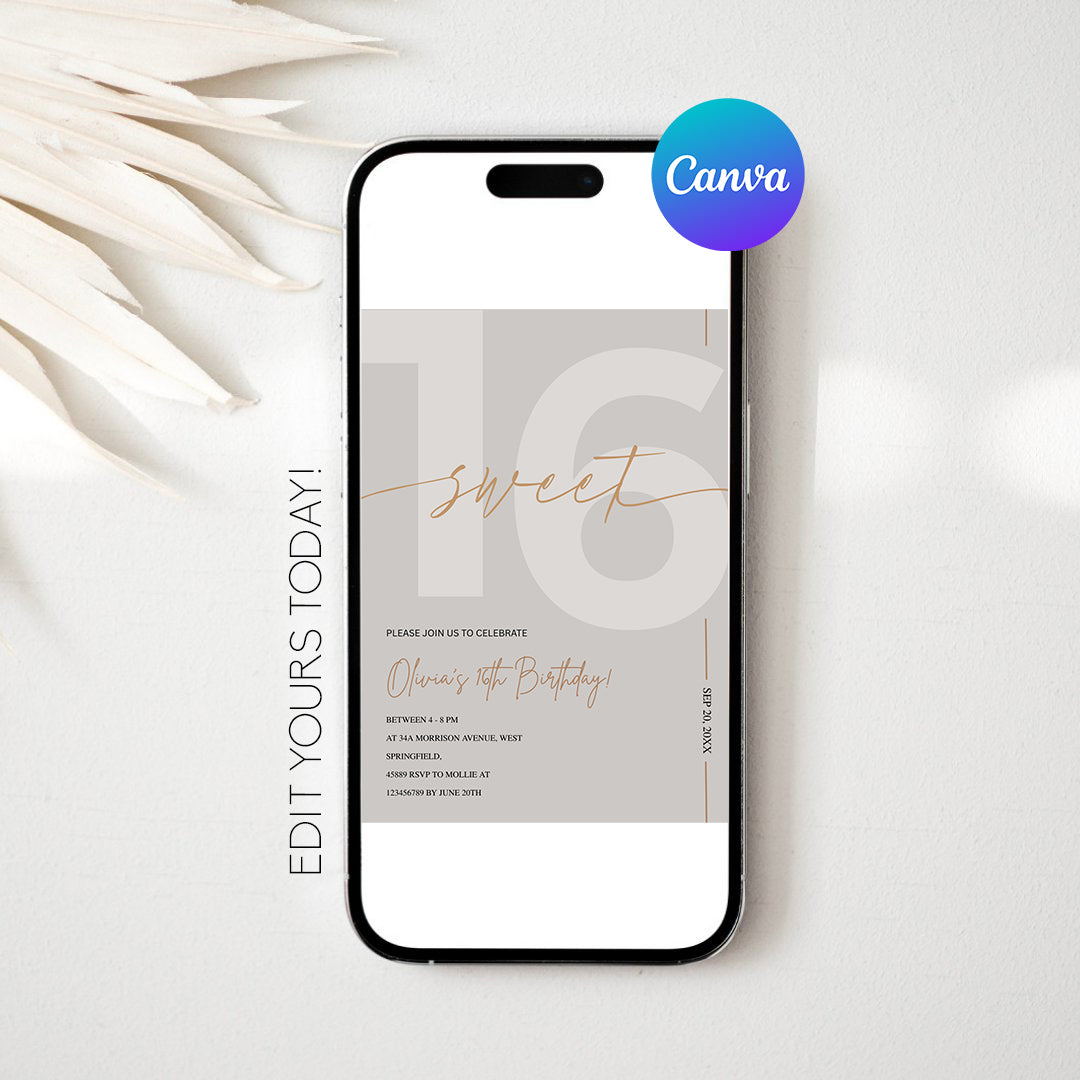 Modern Beige & Gold Sweet 16th Birthday Invitation – Editable Canva Template