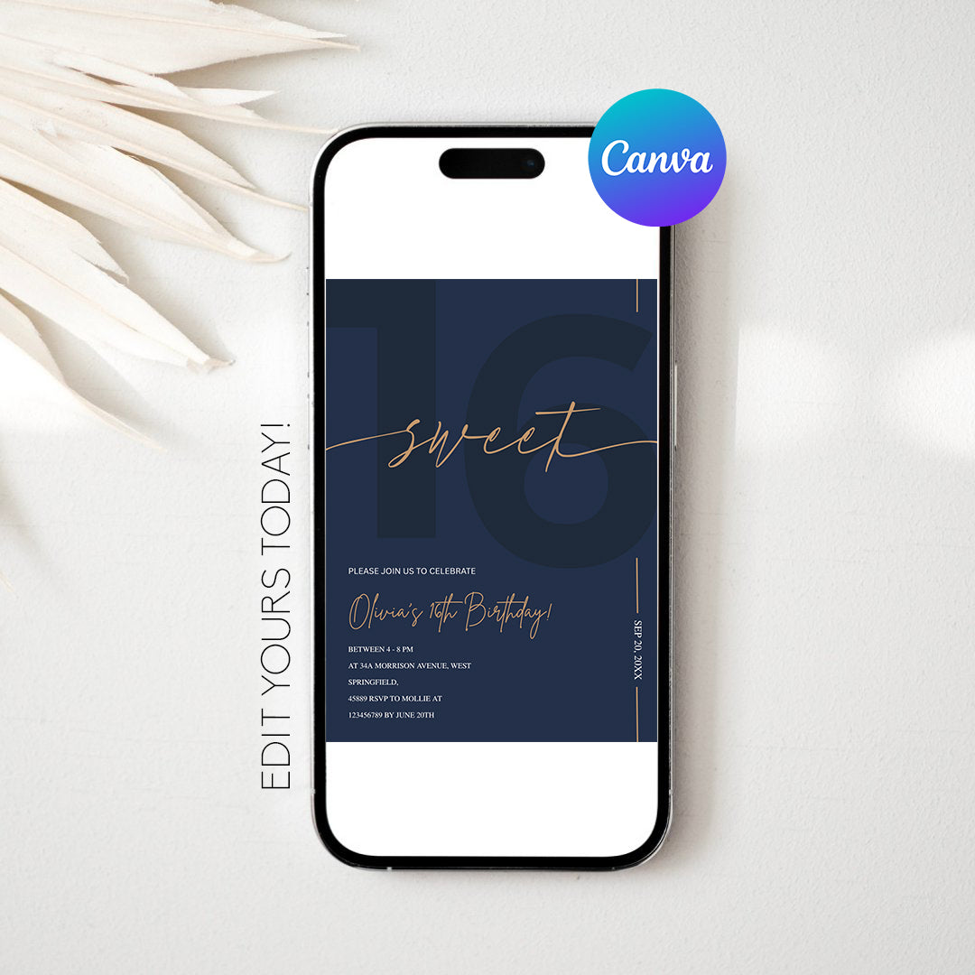 Modern Navy Blue & Gold Sweet 16th Birthday Invitation – Editable Canva Template