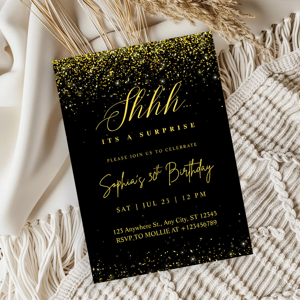 Elegant Black & Gold Surprise Birthday Invitation – Editable Canva Template