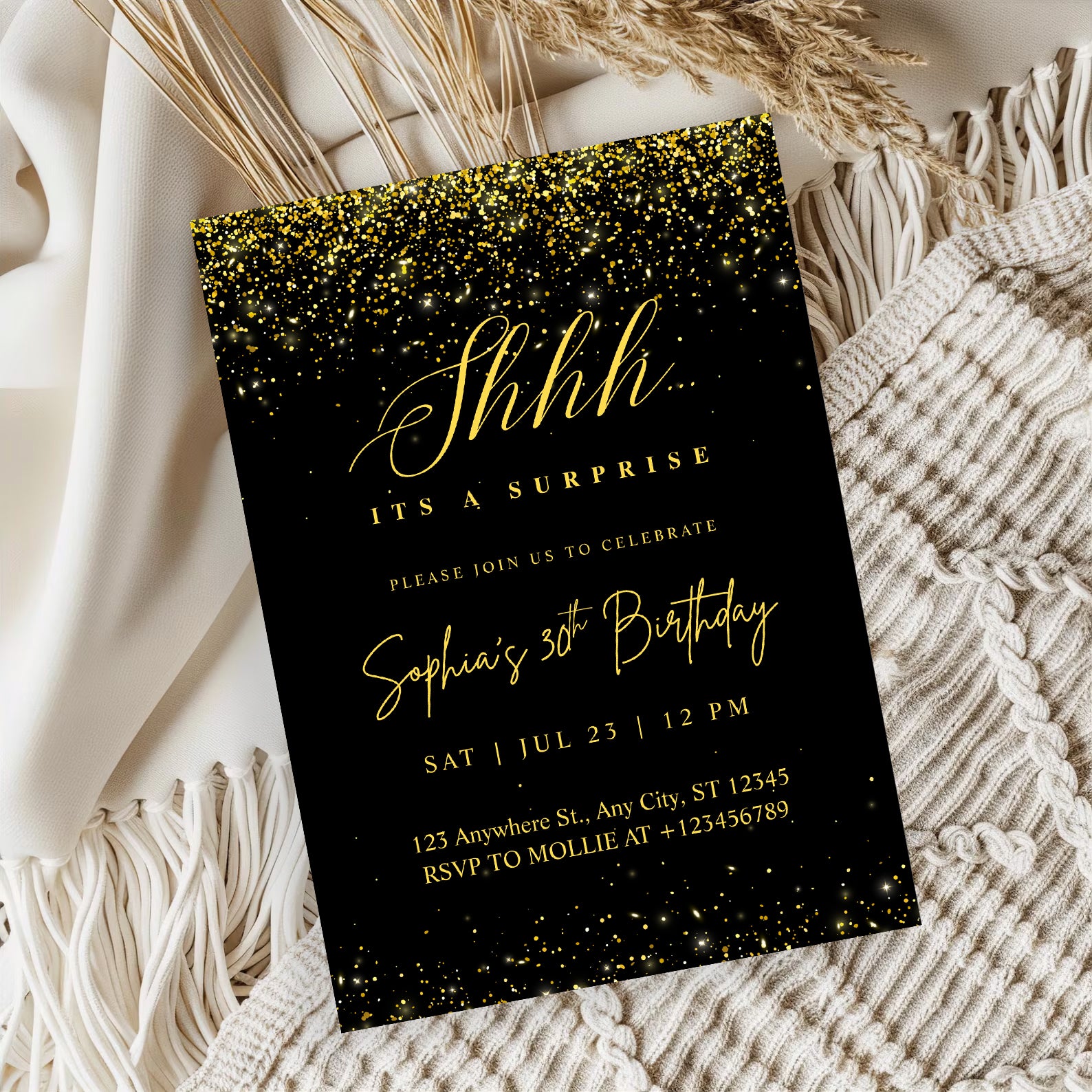 Elegant Black & Gold Surprise Birthday Invitation – Editable Canva Template