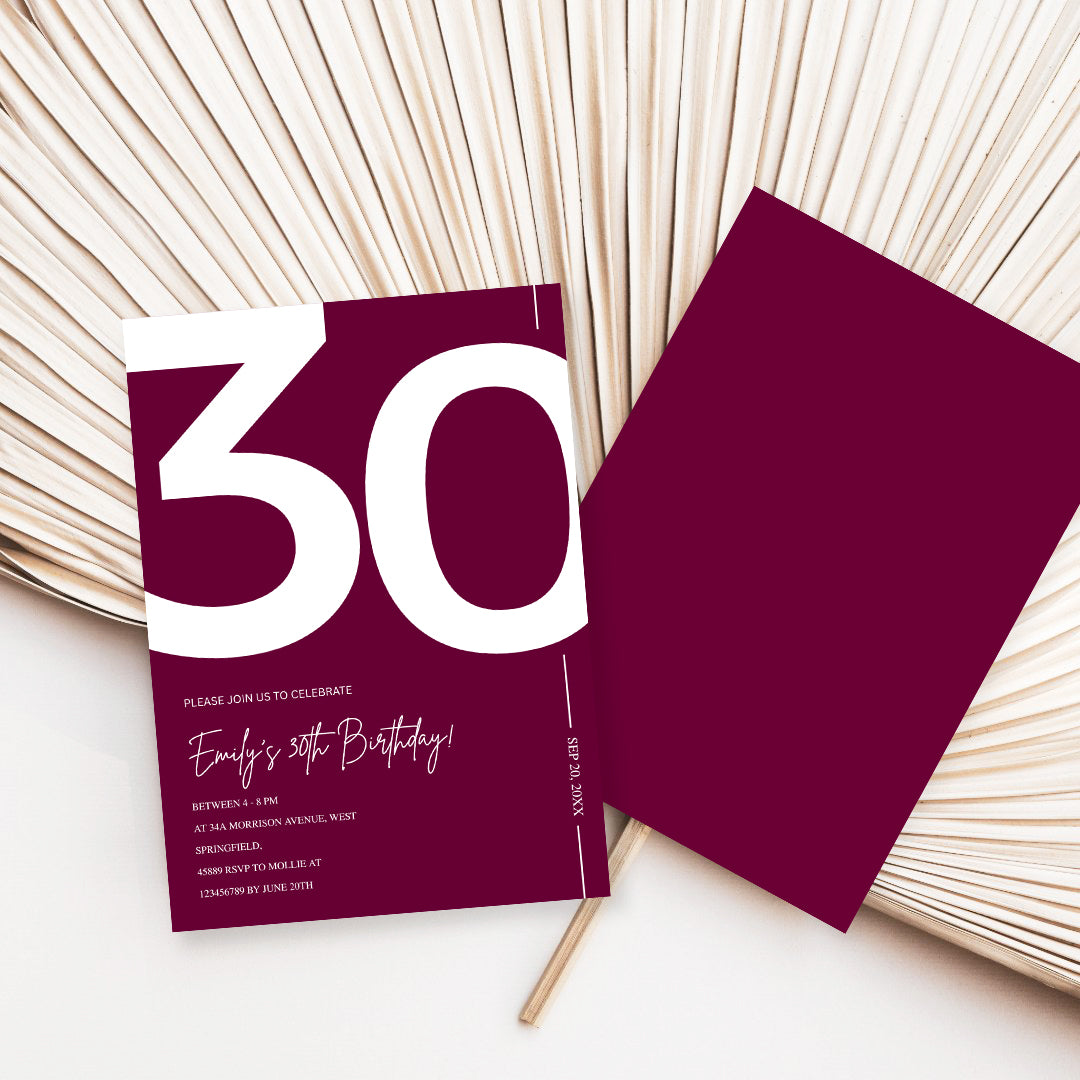 Elegant Burgundy 30th Birthday Invitation Template | Chic Thirty Milestone Party Invite | Editable & Instant Download