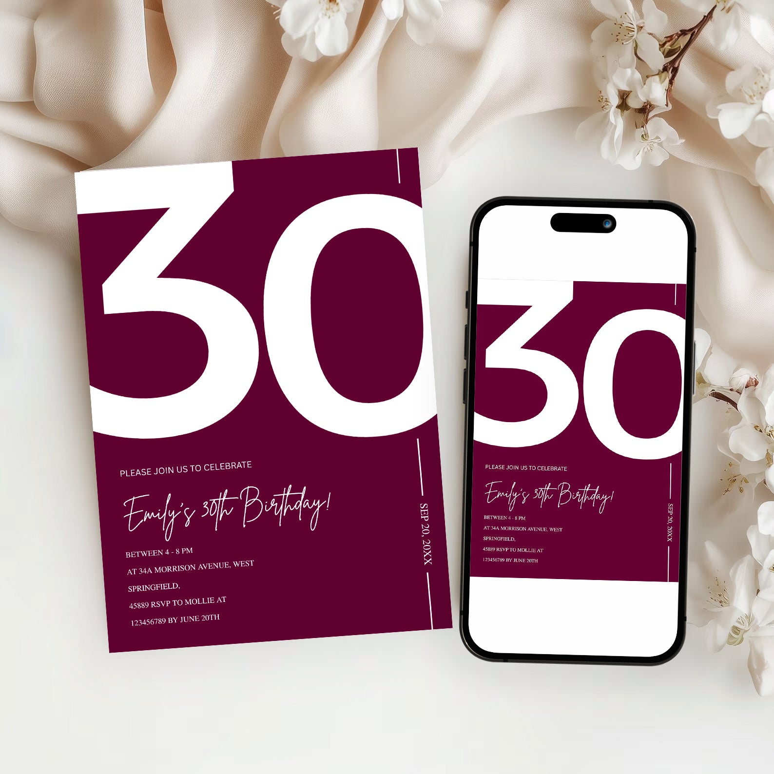 Elegant Burgundy 30th Birthday Invitation Template | Chic Thirty Milestone Party Invite | Editable & Instant Download