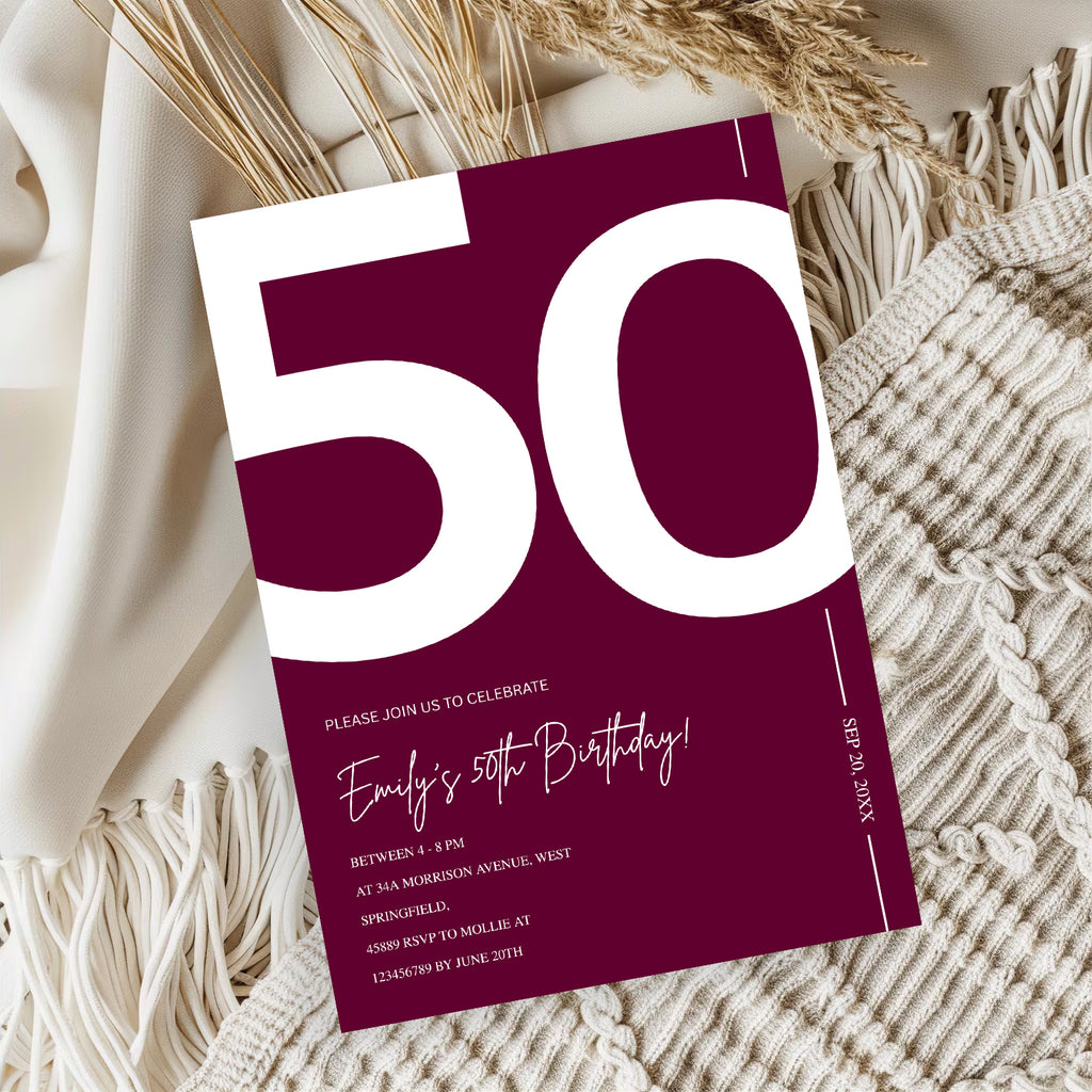 Elegant Burgundy 50th Birthday Invitation Template | Chic Fifty Milestone Party Invite | Editable & Instant Download