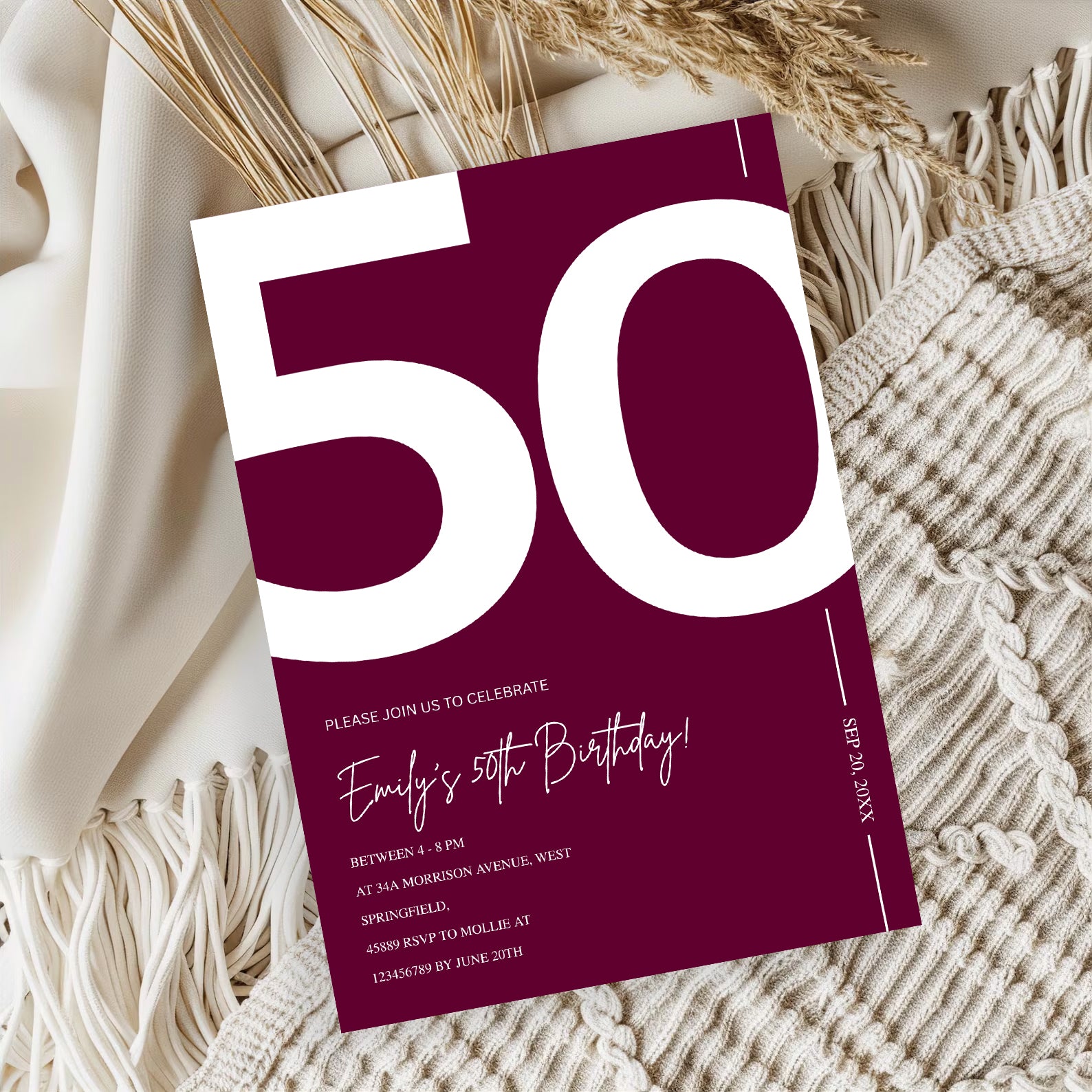 Elegant Burgundy 50th Birthday Invitation Template | Chic Fifty Milestone Party Invite | Editable & Instant Download