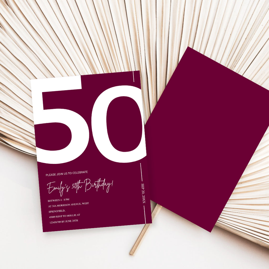 Elegant Burgundy 50th Birthday Invitation Template | Chic Fifty Milestone Party Invite | Editable & Instant Download