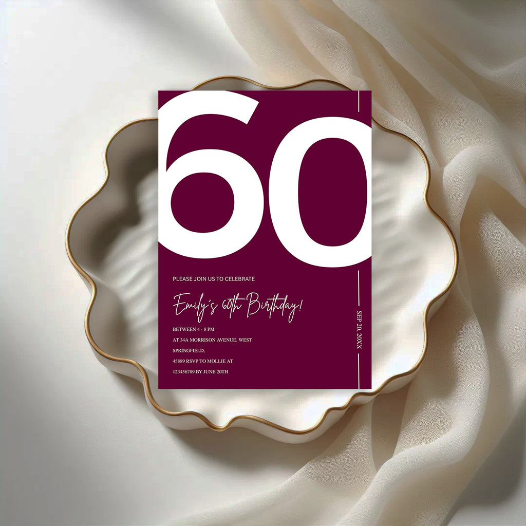 Elegant Burgundy 60th Birthday Invitation Template | Chic Sixty Milestone Party Invite | Editable & Instant Download