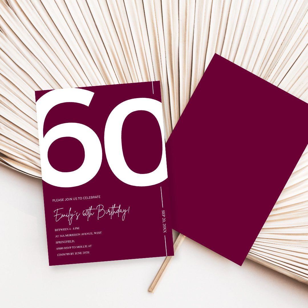 Elegant Burgundy 60th Birthday Invitation Template | Chic Sixty Milestone Party Invite | Editable & Instant Download
