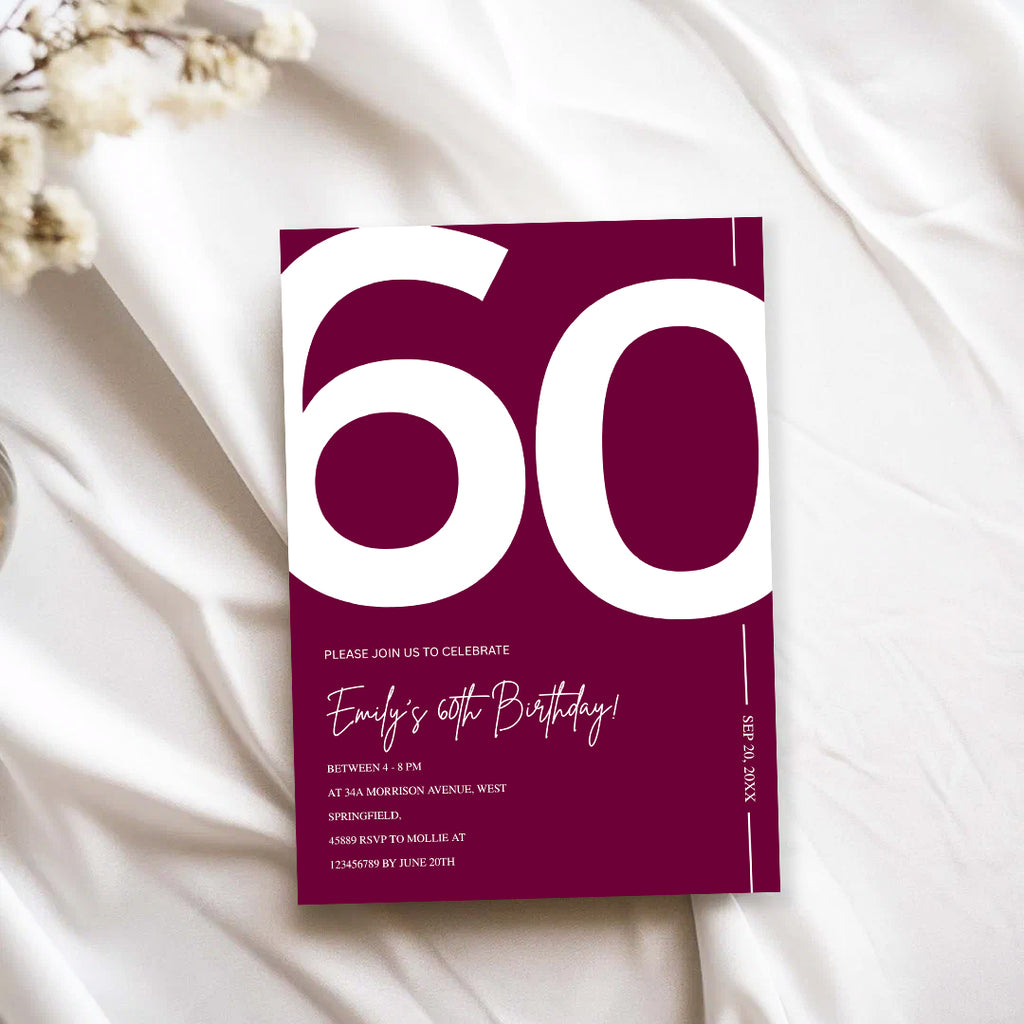 Elegant Burgundy 60th Birthday Invitation Template | Chic Sixty Milestone Party Invite | Editable & Instant Download