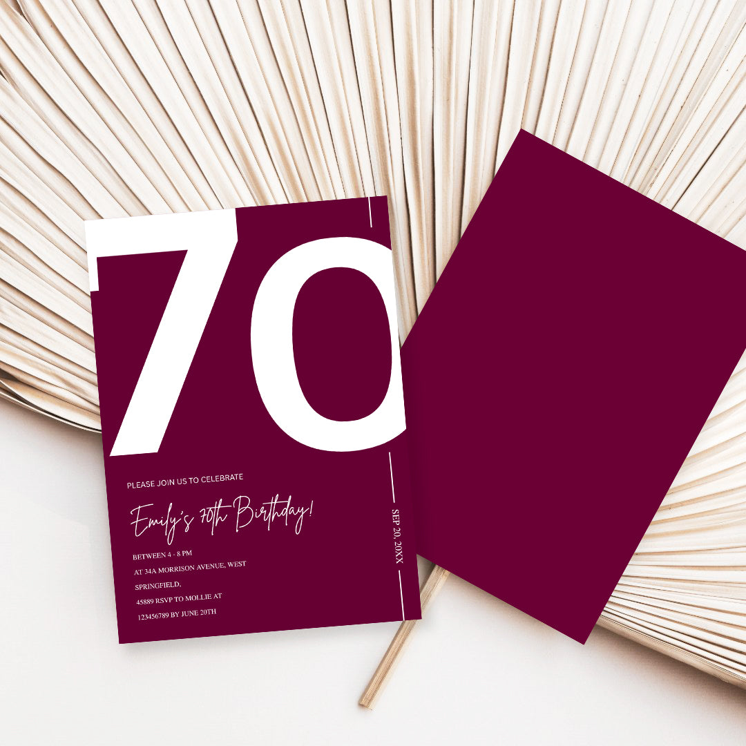 Elegant Burgundy 70th Birthday Invitation Template | Chic Seventy Milestone Party Invite | Editable & Instant Download