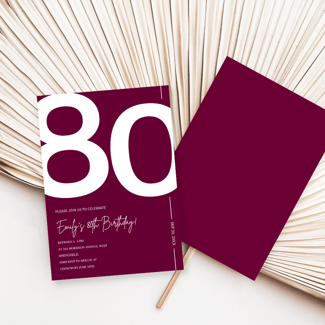 Elegant Burgundy 80th Birthday Invitation Template | Chic Eighty Milestone Party Invite | Editable & Instant Download