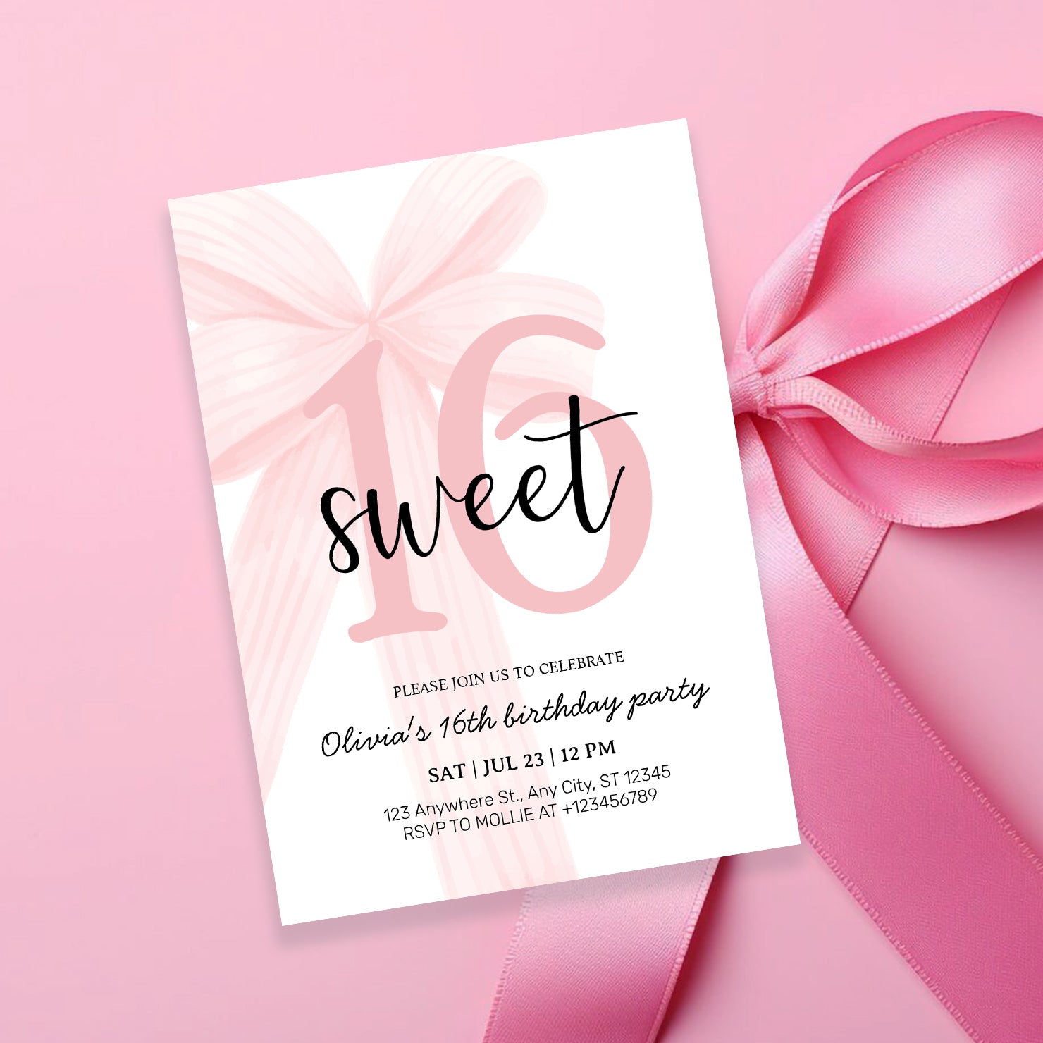 Elegant Pink Coquette Bow Sweet 16 Birthday Invitation – Editable Canva Template