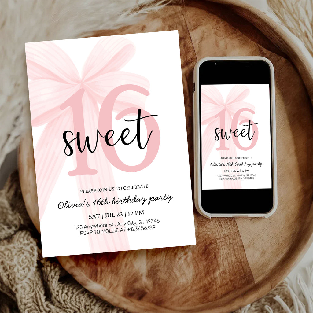 Elegant Pink Coquette Bow Sweet 16 Birthday Invitation – Editable Canva Template
