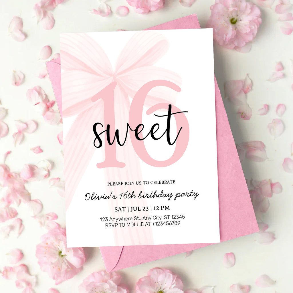 Elegant Pink Coquette Bow Sweet 16 Birthday Invitation – Editable Canva Template