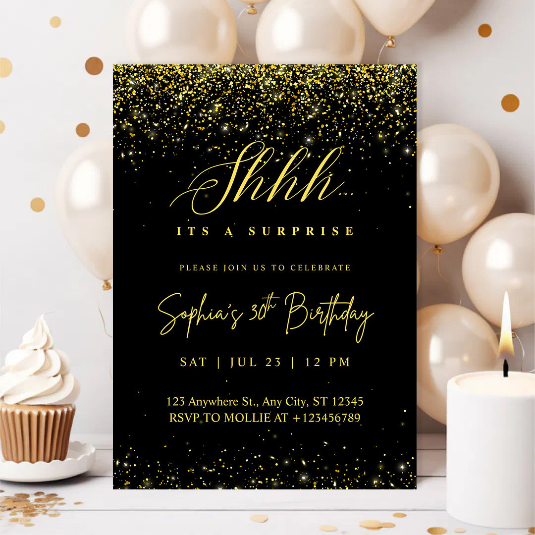 Elegant Black & Gold Surprise Birthday Invitation – Editable Canva Template