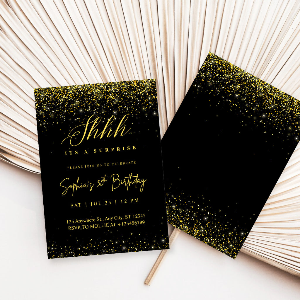 Elegant Black & Gold Surprise Birthday Invitation – Editable Canva Template